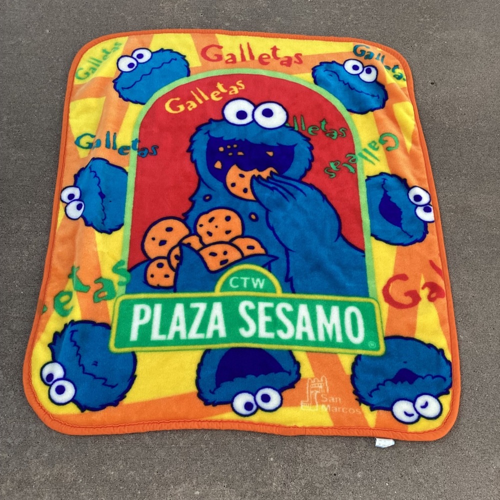 Vtg HTF San Marcos Plaza Sesamo Cookie Monster Baby Blanket Galletas 1999 Flaw